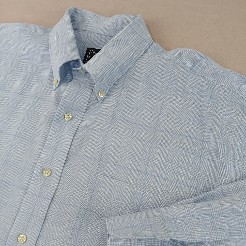 Jos A Bank Large Mens Shirt‎ 100% Linen Glenn Plaid Blue 26x31 XXL FLAW
